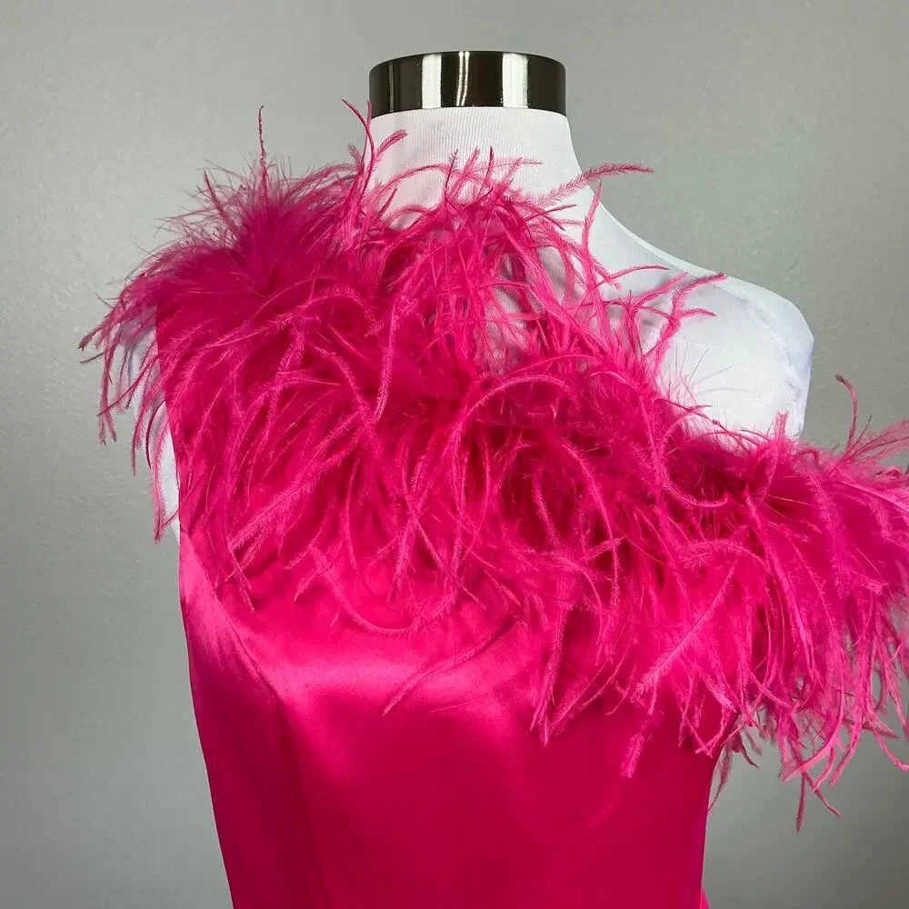 Mac Duggal 11684 Pink Evening Gown Satin One Shoulder Feather Trim Dress Size 4 - Picture 8 of 11